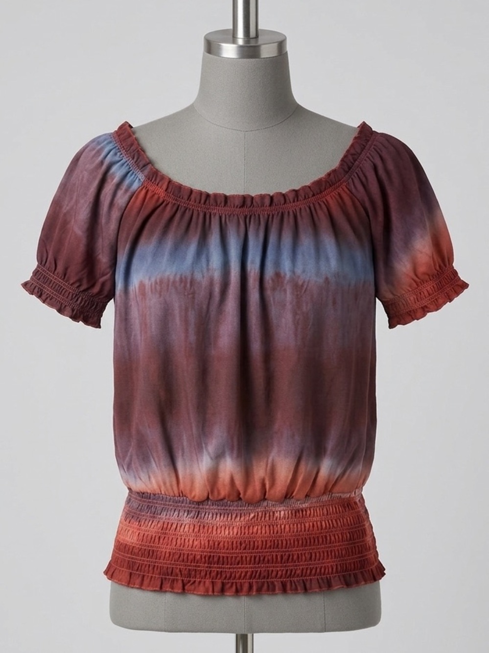 cha cha vente Rust & Blue Ombre Smocked Hem Blouse